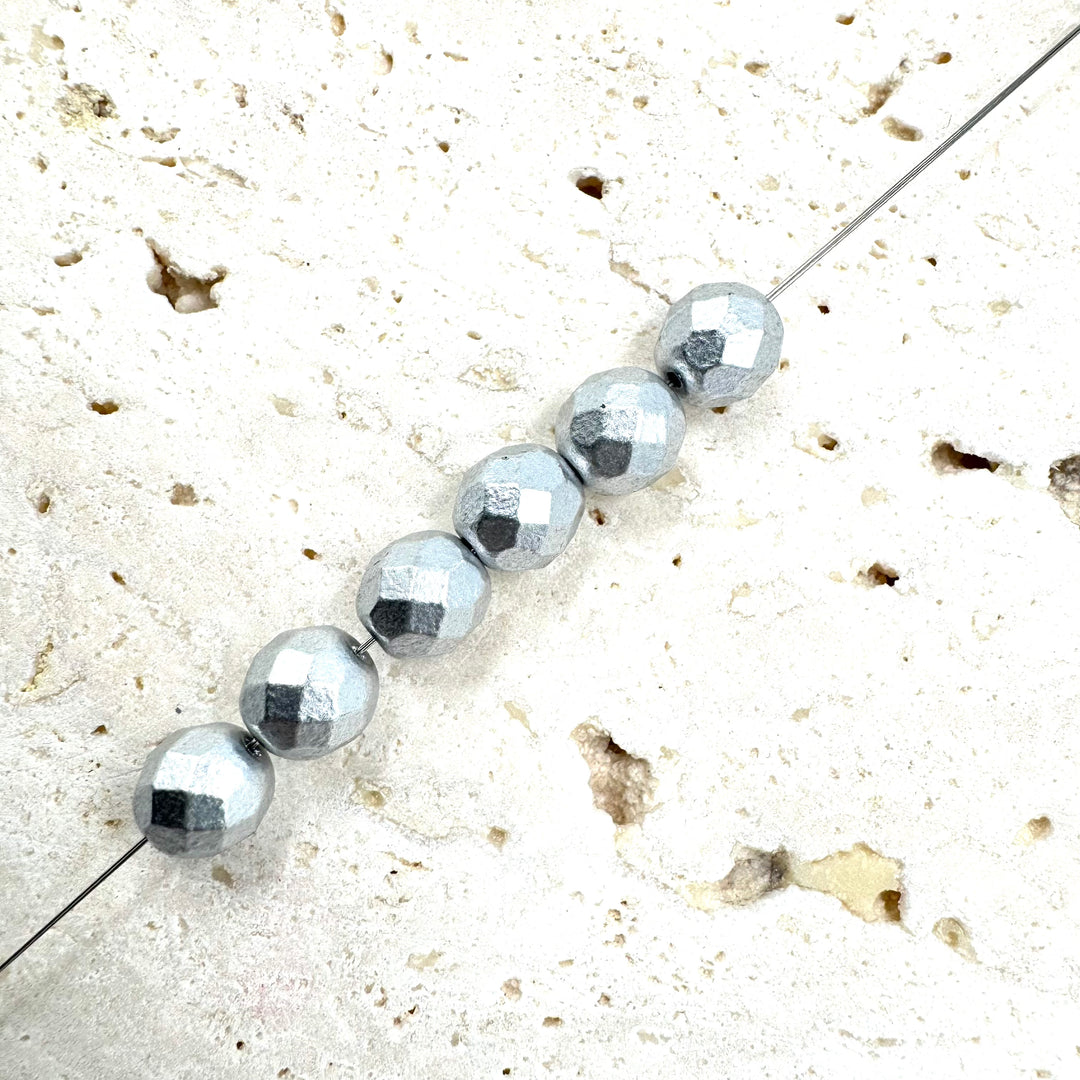 Round Faceted Czech Beads, Silver, 8MM X 8MM, Sold as 30 beads.