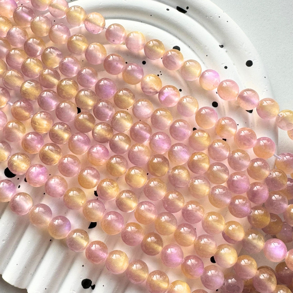 6mm round two tone selenite beads, glossy, 1 strand, 16 inches, approx. 66 beads.