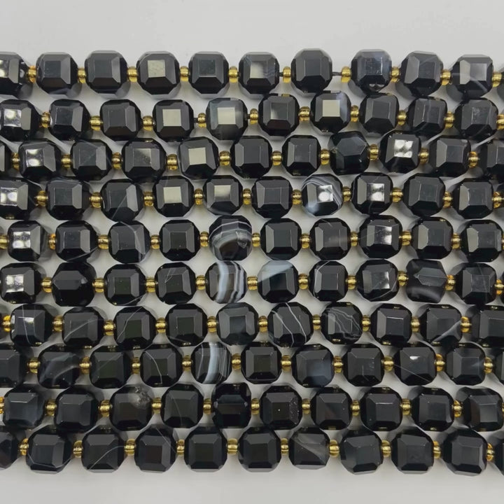 8mm cubed natural black banded agate beads, glossy, 1 strand, approx. 35 beads(India)
