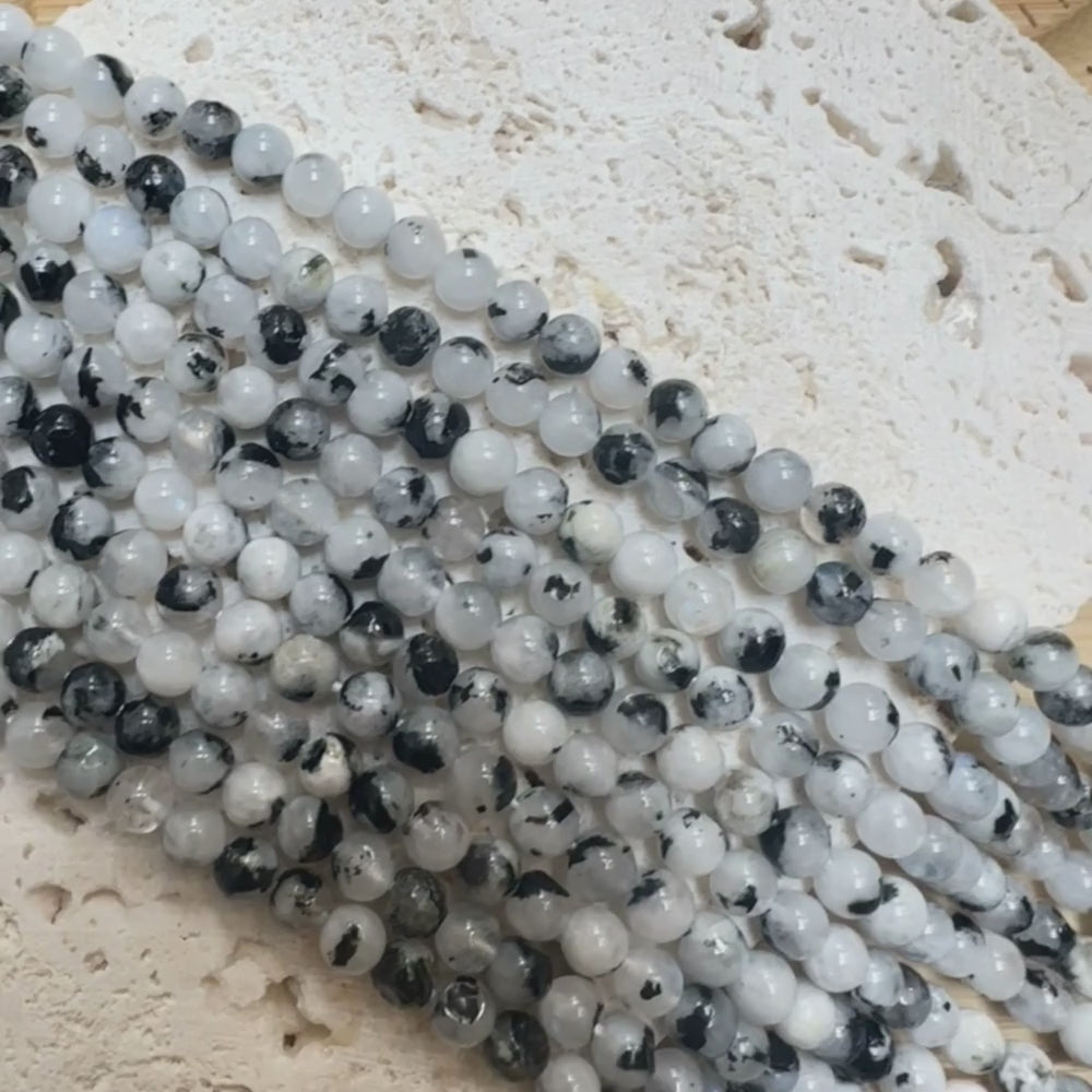 8mm round black white moonstone beads, glossy, 1 strand, 16 inches, approx. 48 beads.