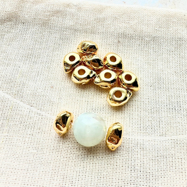 Nugget Spacer Beads, Brass, Real 18K Gold Plated, 7mm x 6mm x 4mm, 2mm Hole, Sold as 6 Pieces.