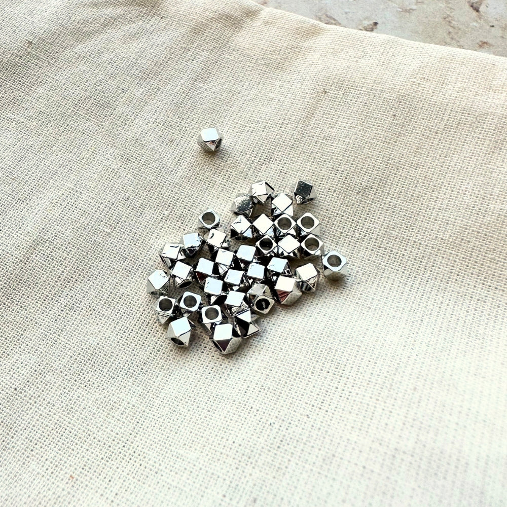 Faceted Spacer Beads, Brass, Real 18K White Gold Plated, 3mm x 3mm, 1mm Hole, Sold as 12 Pieces.