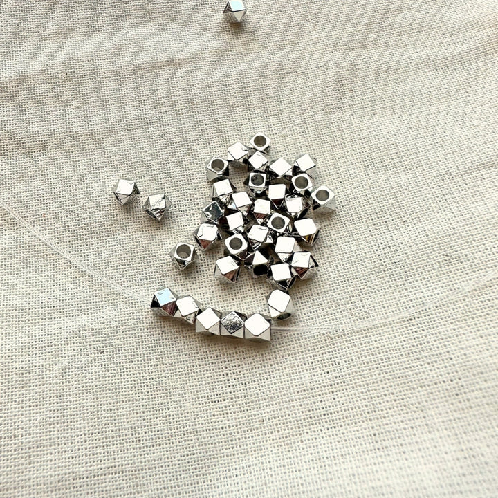 Faceted Spacer Beads, Brass, Real 18K White Gold Plated, 3mm x 3mm, 1mm Hole, Sold as 12 Pieces.