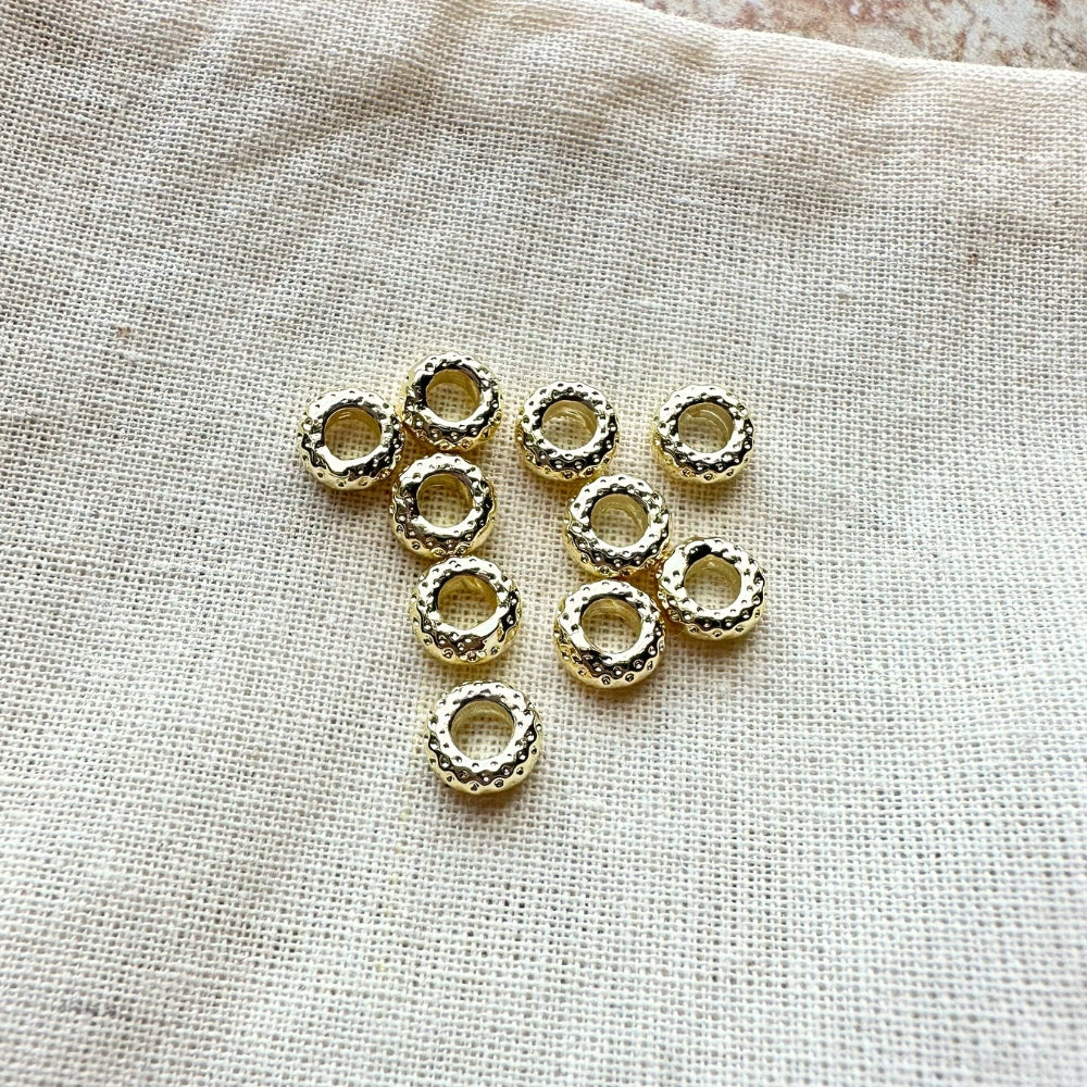 Textured Spacer Beads, Brass, Real 14k Gold Plated, 6mm x 2.5mm, 3mm Hole, Sold as 10 Pieces.
