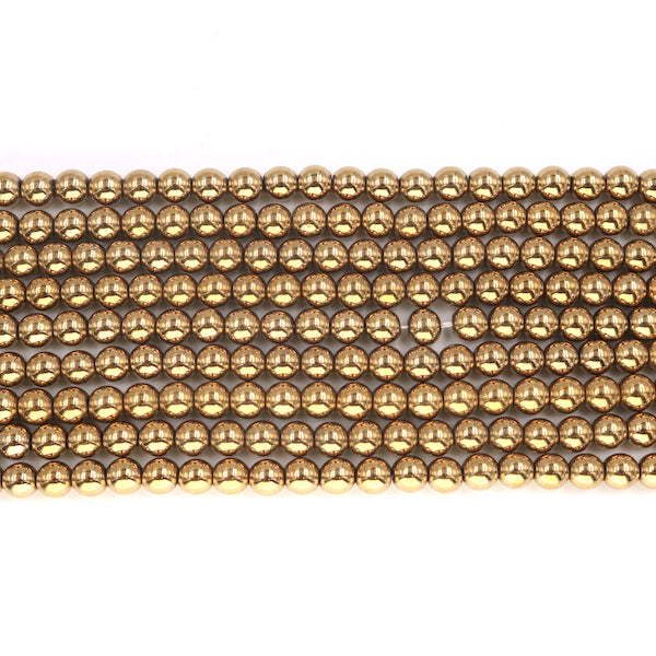 6mm round gold hematite beads, glossy, 1 strand, 16 inches, approx. 66 beads.