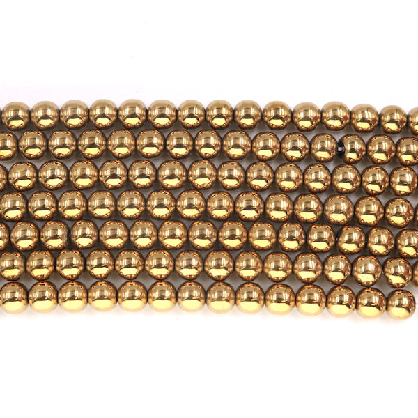 8mm round gold hematite beads, glossy, 1 strand, 16 inches, approx. 48 beads.