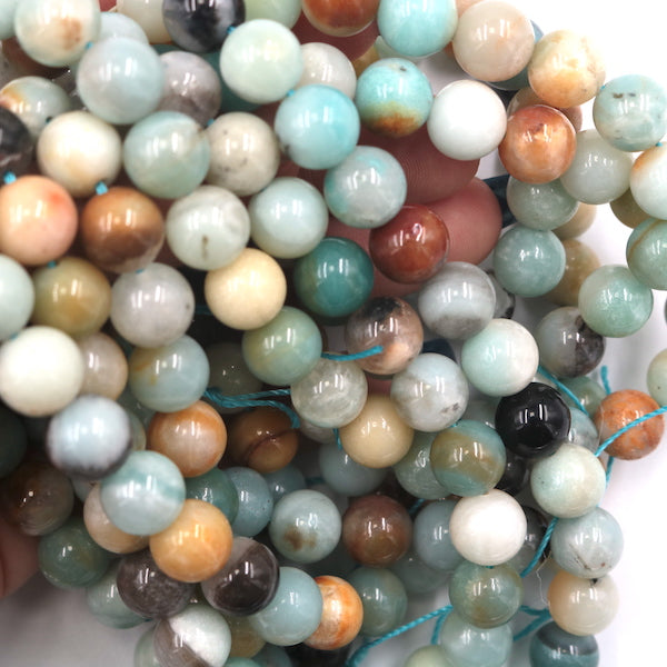 10mm rainbow amazonite beads, round, glossy, sold as 1 strand, approx. 38 pieces.