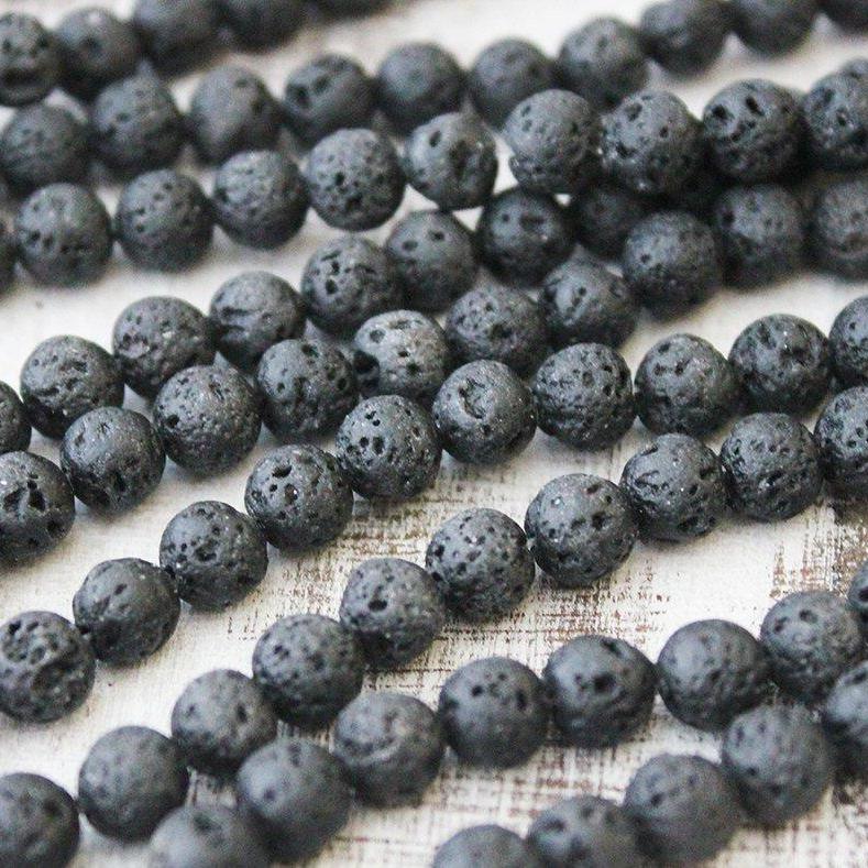 black lava, 8mm, round, waxed, black, sold as 1 strand, approx. 48 pieces.-Gemstone Beads-BeadsVenture