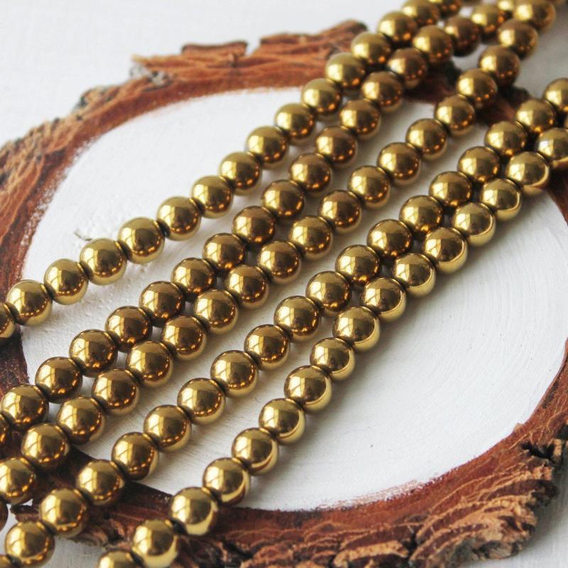 gold hematite, 6mm, round, glossy, 1 strand, 16 inches, approx. 66 beads.-Gemstone Beads-BeadsVenture