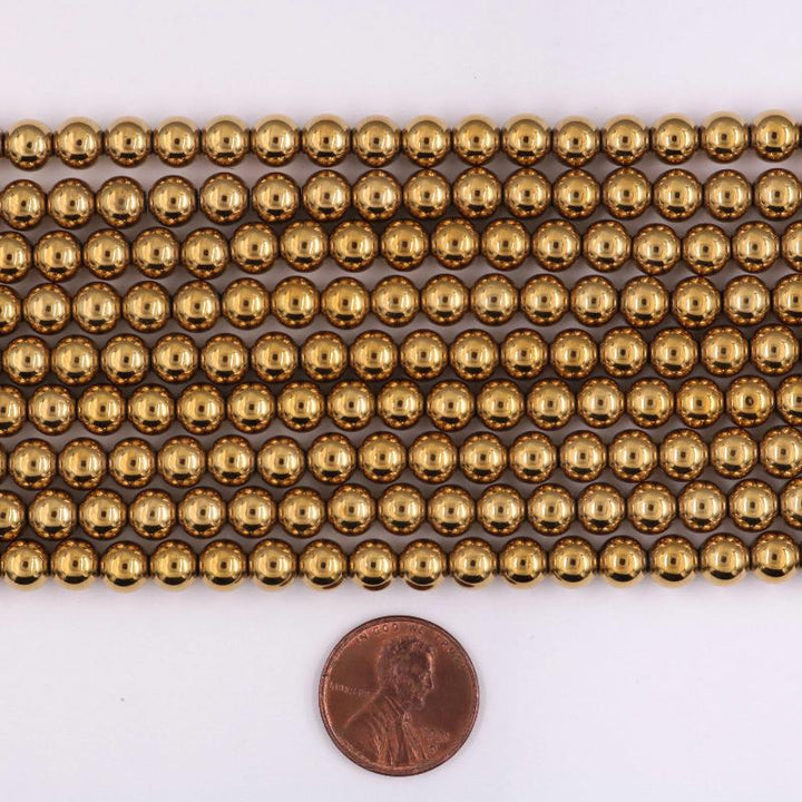 gold hematite, 8mm, round, glossy, 1 strand, 16 inches, approx. 48 beads.-Gemstone Beads-BeadsVenture