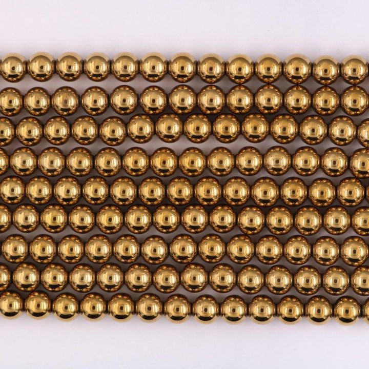 gold hematite, 8mm, round, glossy, 1 strand, 16 inches, approx. 48 beads.-Gemstone Beads-BeadsVenture