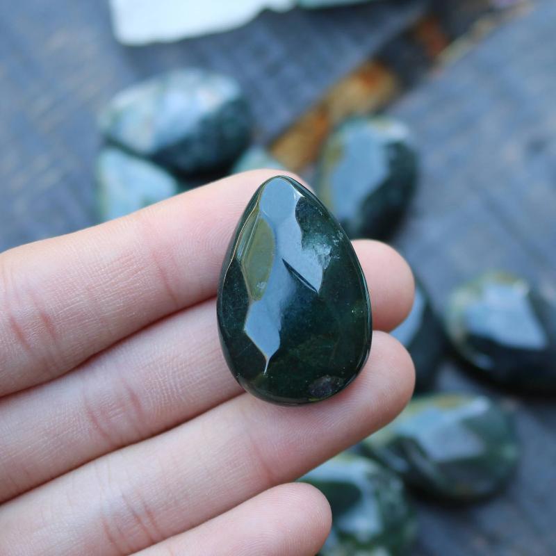 moss agate, approx. 30mm x 20mm, teardrop, faceted, sold as 1 bead.-Gemstone Beads-BeadsVenture