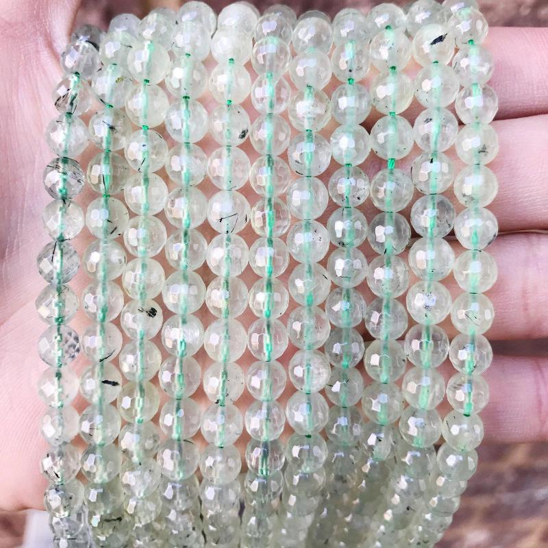 prehnite, 6mm, round, faceted, 1 strand, 16 inches, approx. 66 beads.-Gemstone Beads-BeadsVenture