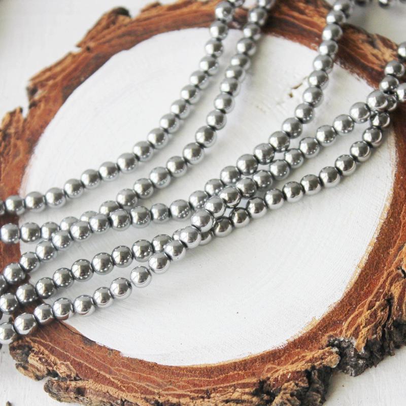 silver hematite, 4mm, round, glossy, 1 strand, 16 inches, approx. 96 beads.-Gemstone Beads-BeadsVenture