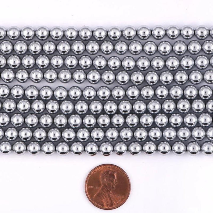 silver hematite, 6mm, round, glossy, 1 strand, 16 inches, approx. 66 beads.-Gemstone Beads-BeadsVenture