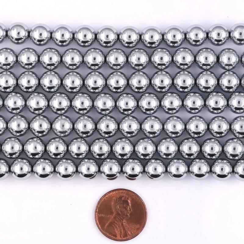 silver hematite, 8mm, round, glossy, 1 strand, 16 inches, approx. 48 beads.-Gemstone Beads-BeadsVenture